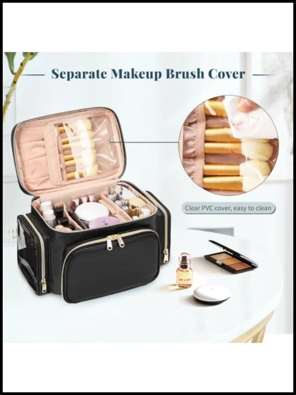 Large Makeup Bag with Brush Compartment & Multiple Pockets, Travel Cosmetic